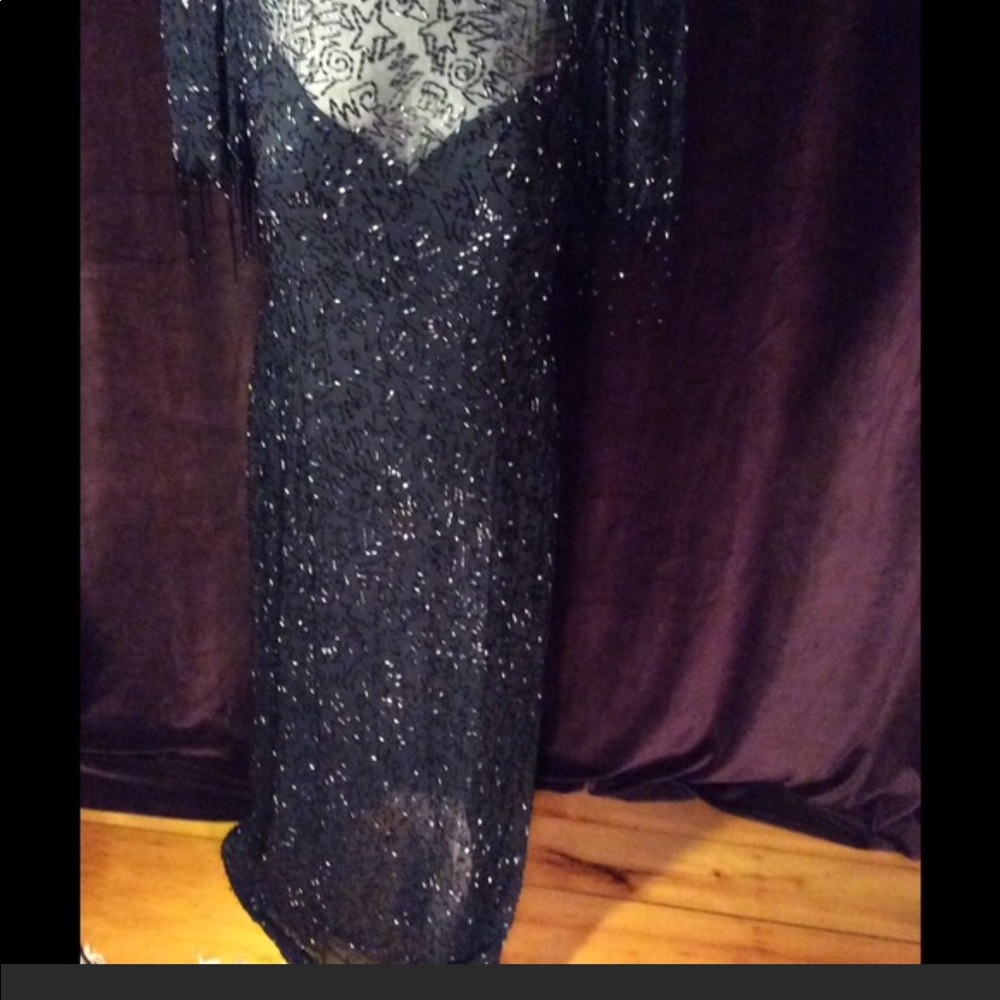 Stunning Fully Beaded Black Evening Gown W/Fringe  SOLD